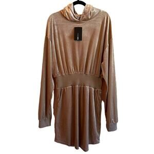 Fashion Nova Erin Taupe Velvet Hooded Sweatshirt Dress Women's SZ XL